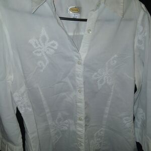 Talbots White Blouse with Embroidered Floral Design